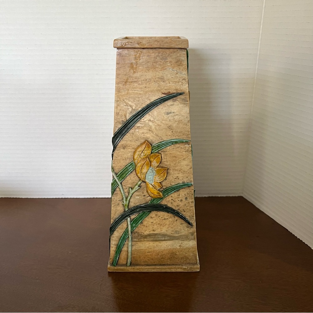 Tall Tapered Floral Nature Design Beige Soapstone Carved Decor Vase